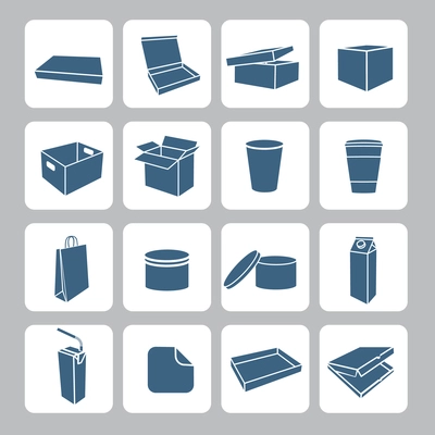 Packaging icons set with plastic and carton delivery boxes containers and cups isolated vector illustration