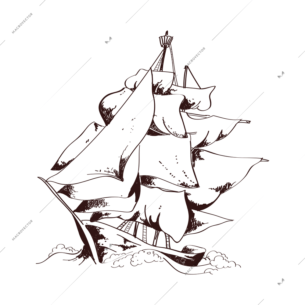 Nautical design elements composition with monochrome vintage sketch style image vector illustration