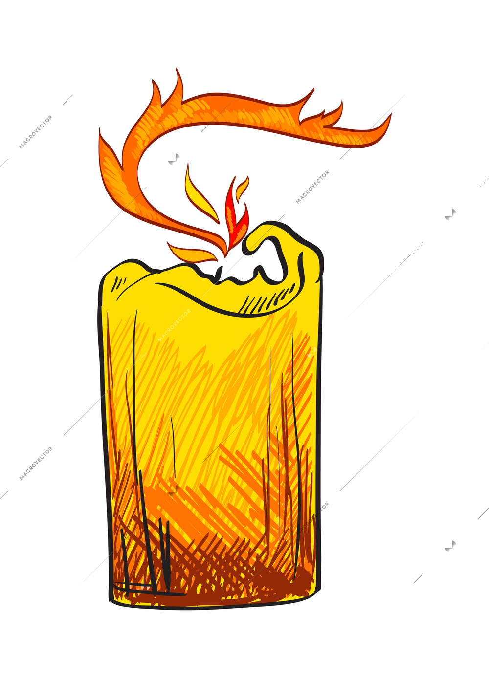 Candle composition with isolated sketch style icon of burning wax flame on blank background vector illustration