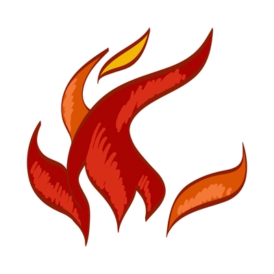 Fire composition with isolated sketch style icon of burning flame colored in red and yelow vector illustration