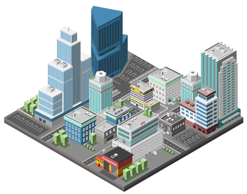 City downtown concept with isometric office skyscrapers and government buildings 3d vector illustration