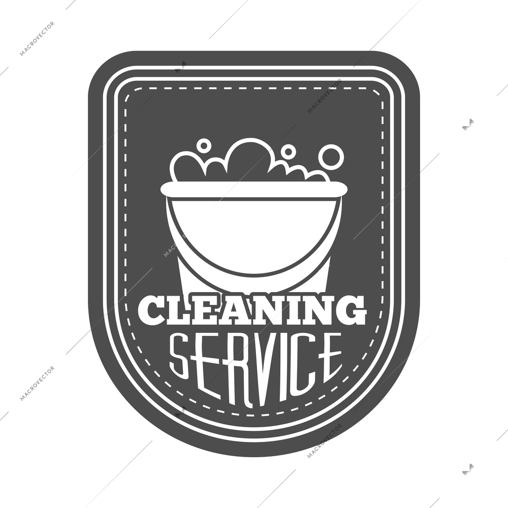 Cleaning label composition with isolated monochrome emblem with images and text vector illustration