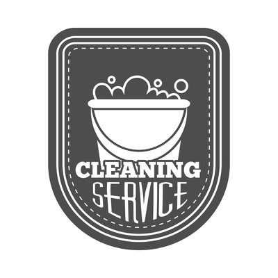 Cleaning label composition with isolated monochrome emblem with images and text vector illustration