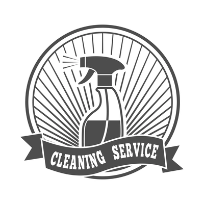 Cleaning label composition with isolated monochrome emblem with images and text vector illustration