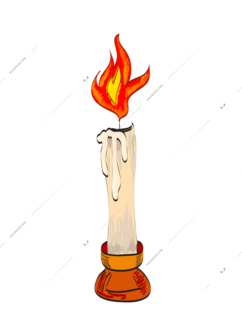 Candle composition with isolated sketch style icon of burning wax flame on blank background vector illustration