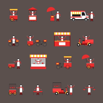 Street fast food icon flat set with people delivery truck cart isolated vector illustration