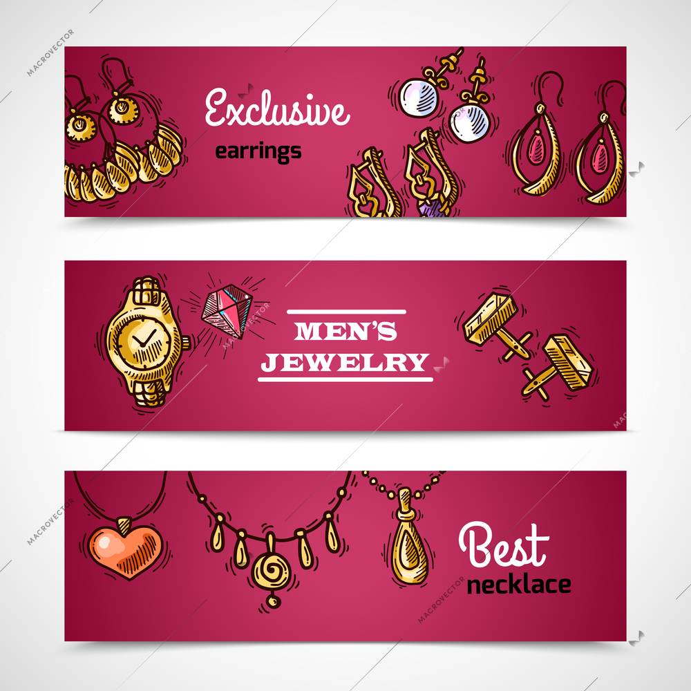 Jewelry sketch horizontal banners set with exclusive earrings best necklaces isolated vector illustration