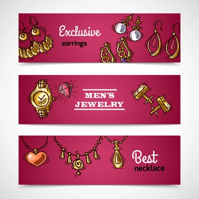 Jewelry sketch horizontal banners set with exclusive earrings best necklaces isolated vector illustration