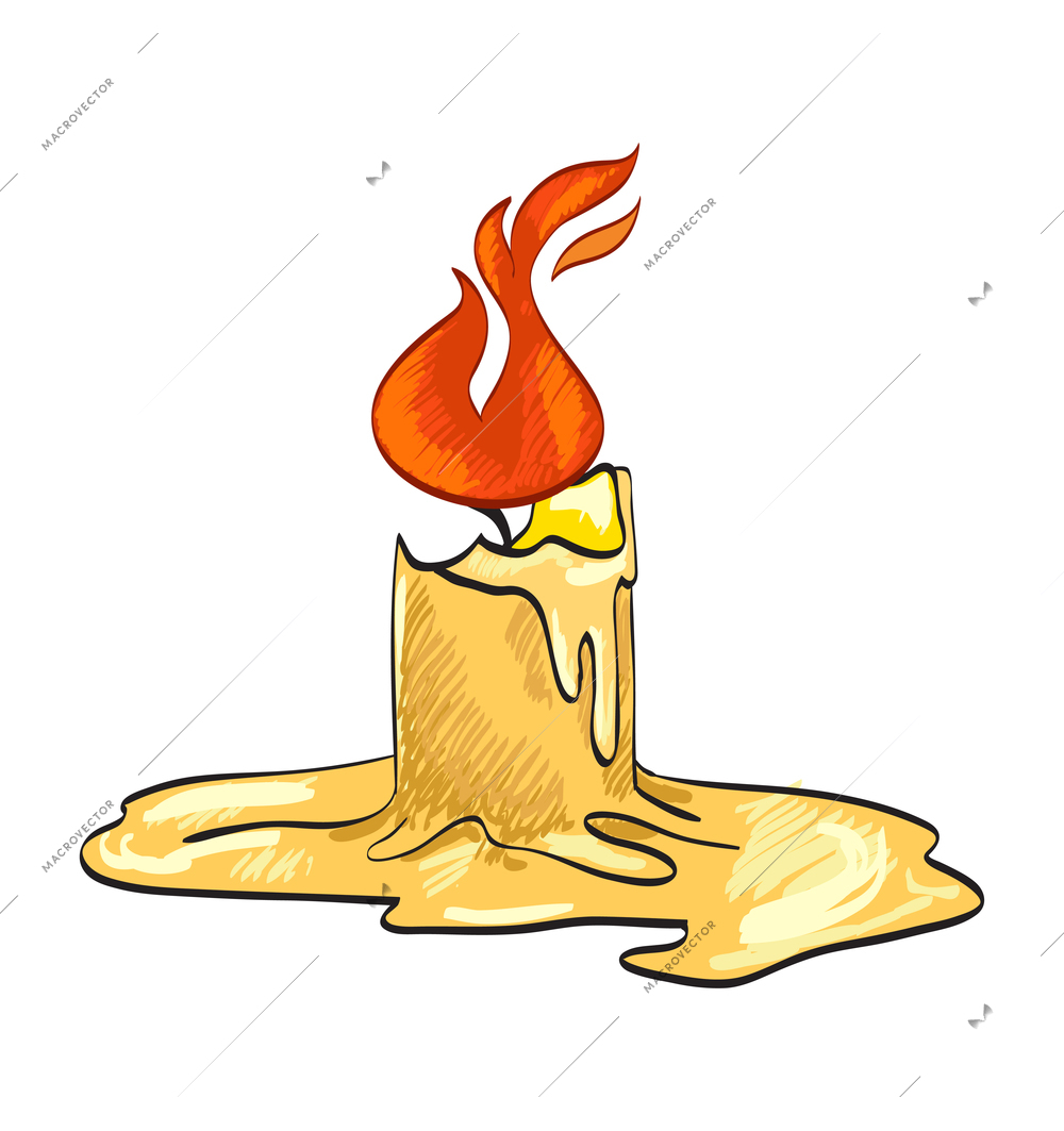 Candle composition with isolated sketch style icon of burning wax flame on blank background vector illustration