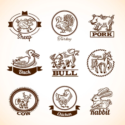 Farm hand drawn labels set with sheep turkey duck bull horse isolated vector illustration