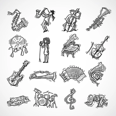 Jazz music club party icons sketch set with saxophone trumpet singer and double bass isolated vector illustration