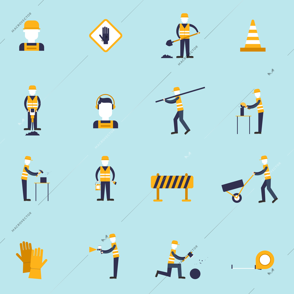 Road worker flat icons set with shovel cone hammer isolated vector illustration