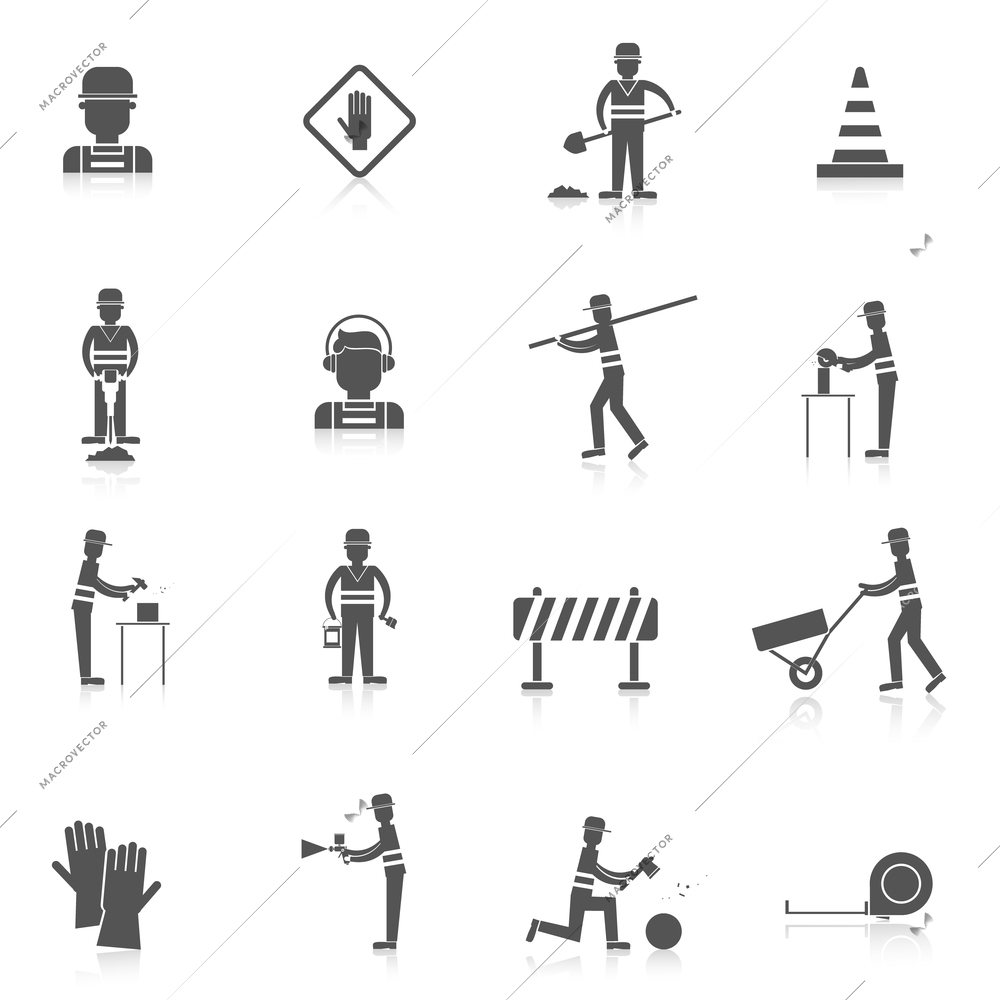 Road worker black icons set with warning under construction sign isolated vector illustration