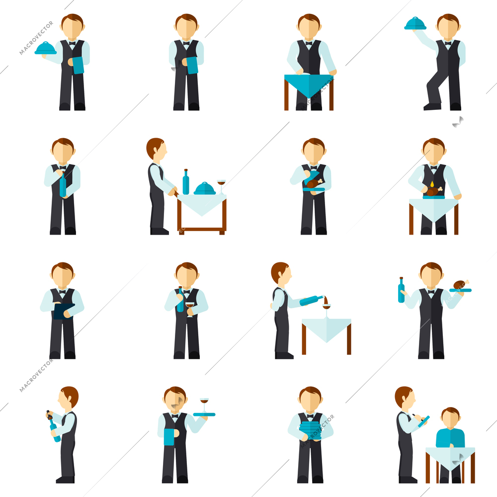 Waiter man with restaurant employee avatar icon flat set isolated vector illustration