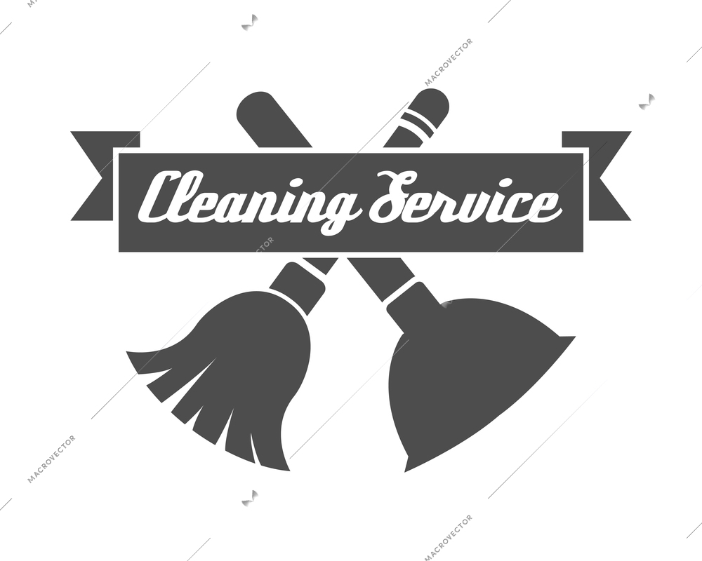 Cleaning label composition with isolated monochrome emblem with images and text vector illustration