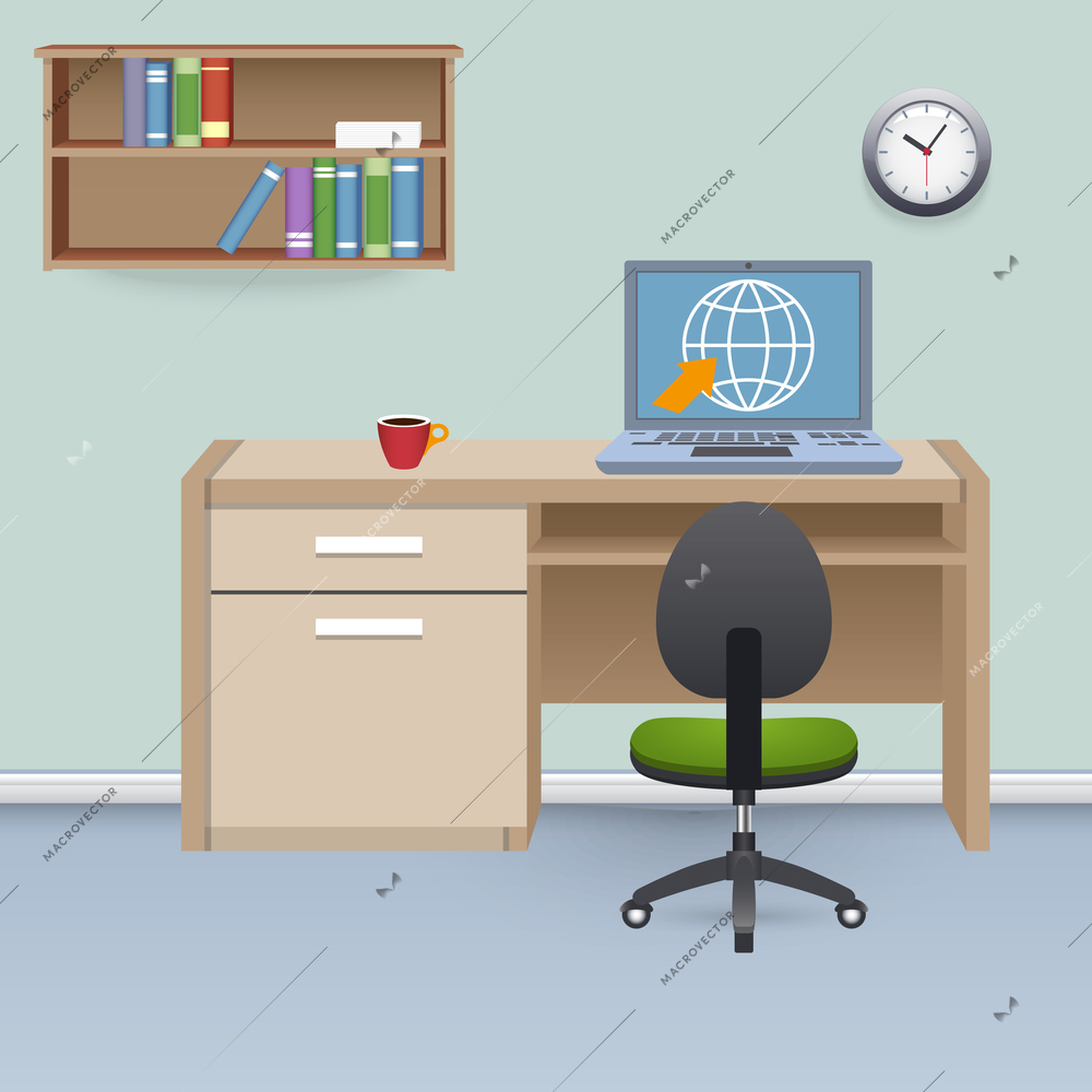 Cabinet interior with furniture table office chair and laptop computer vector illustration