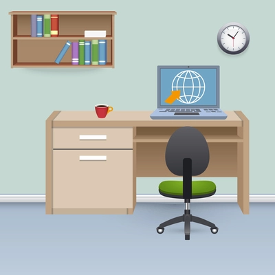 Cabinet interior with furniture table office chair and laptop computer vector illustration