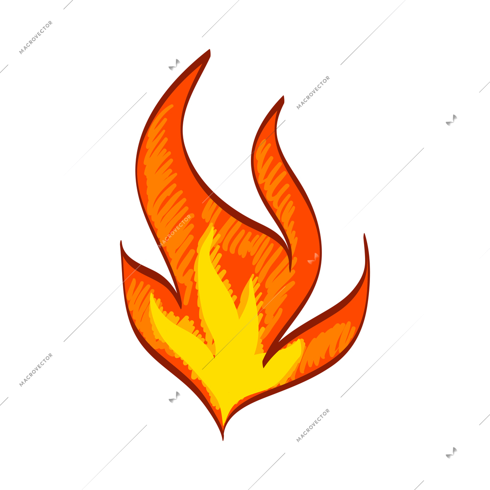 Fire composition with isolated sketch style icon of burning flame colored in red and yelow vector illustration