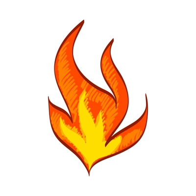 Fire composition with isolated sketch style icon of burning flame colored in red and yelow vector illustration