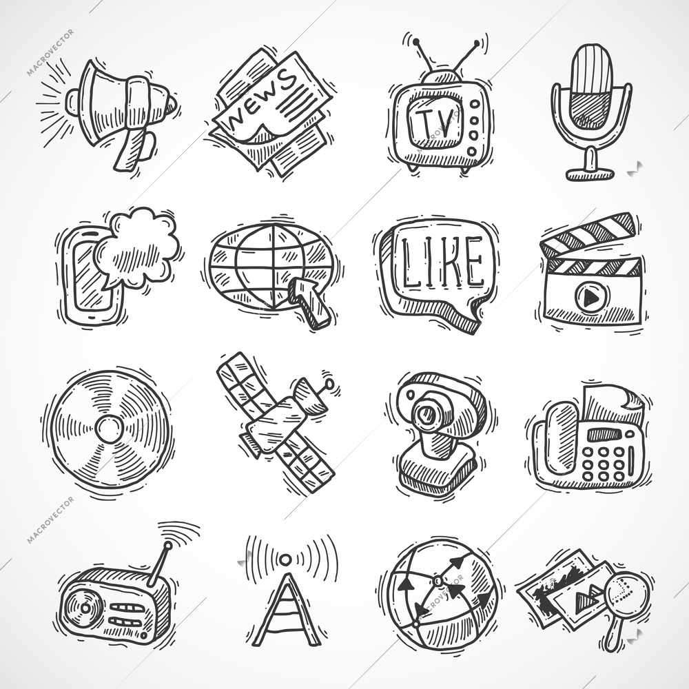 Social media mobile communication technologies hand drawn icons set isolated vector illustration