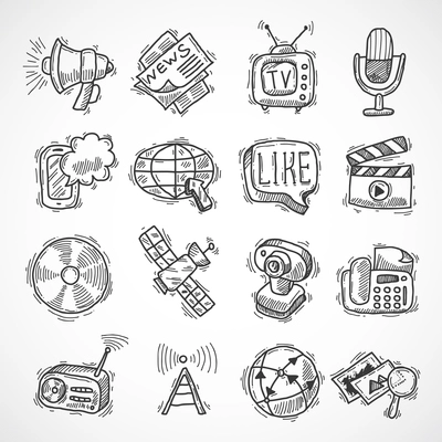 Social media mobile communication technologies hand drawn icons set isolated vector illustration