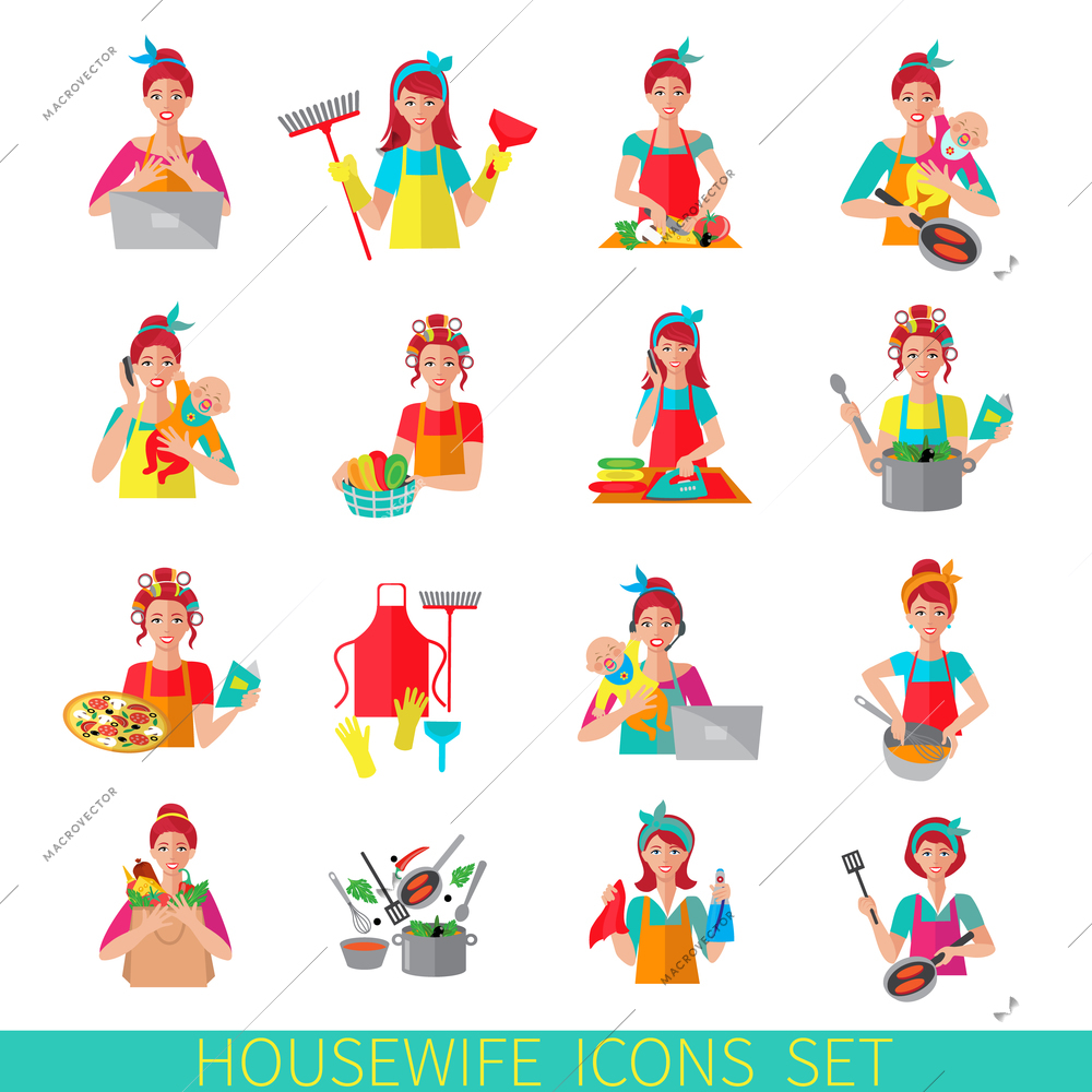 Housewife icon set with woman house working cleaning washing isolated vector illustration