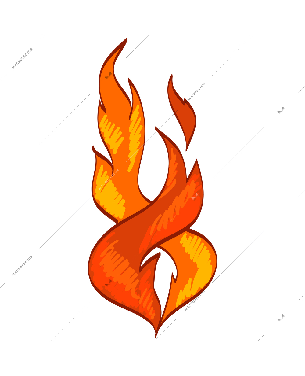 Fire composition with isolated sketch style icon of burning flame colored in red and yelow vector illustration