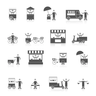 Street fast takeout food ice cream stall icon black set isolated vector illustration