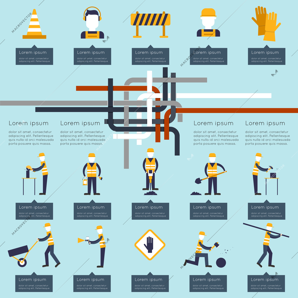 Road worker industrial builders and contractors infographics set vector illustration