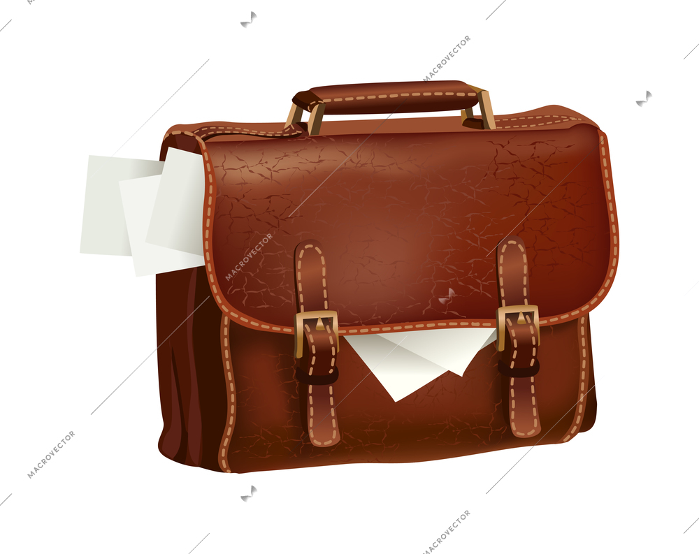 Briefcase composition with isolated image of leather business briefcase with documents vector illustration