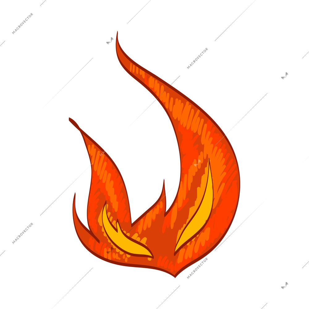 Fire composition with isolated sketch style icon of burning flame colored in red and yelow vector illustration