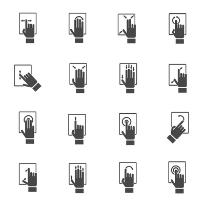 Hand touching pad mobile phone screen icons black set isolated vector illustration