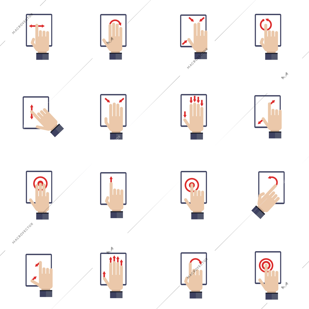 Hand touching screen of mobile device tablet flat icons set isolated vector illustration