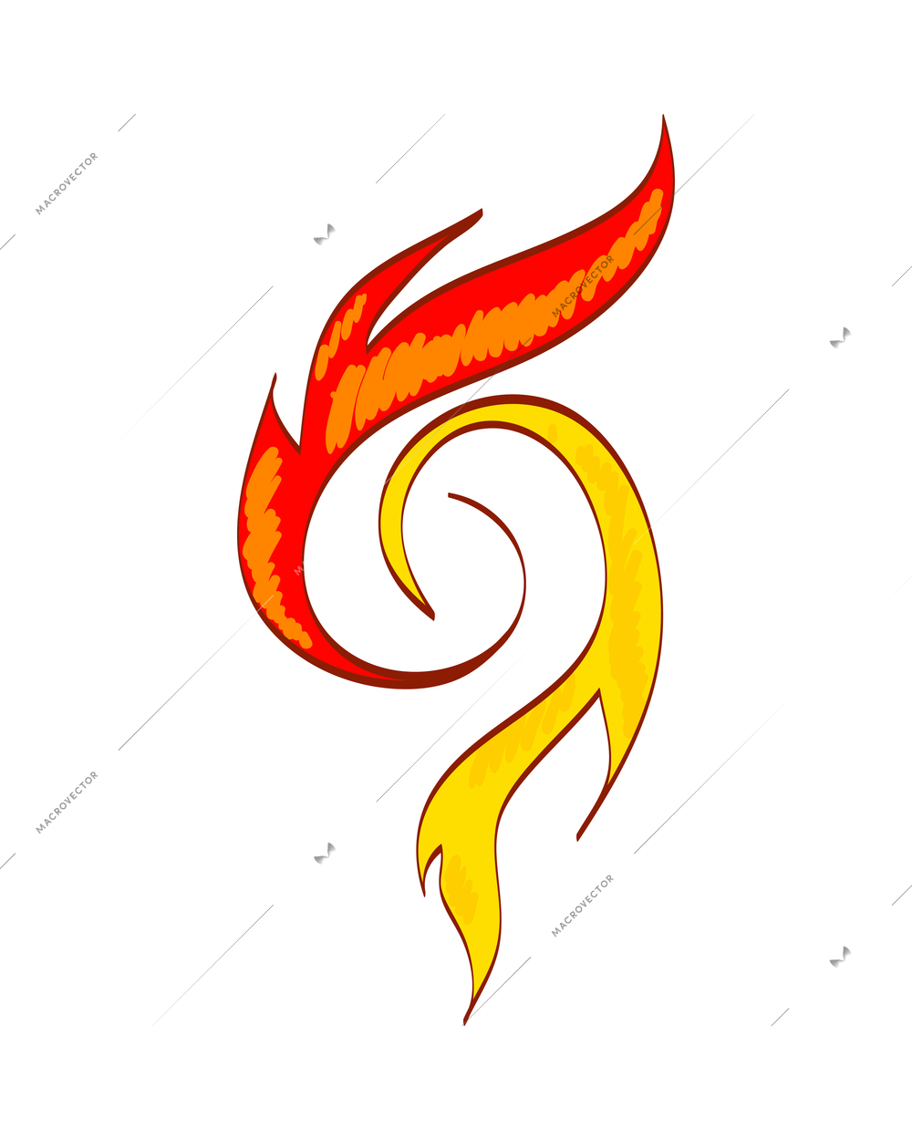 Fire composition with isolated sketch style icon of burning flame colored in red and yelow vector illustration