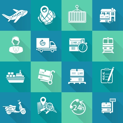 Logistic chain cargo shipping icons white set with airplane train bike isolated vector illustration