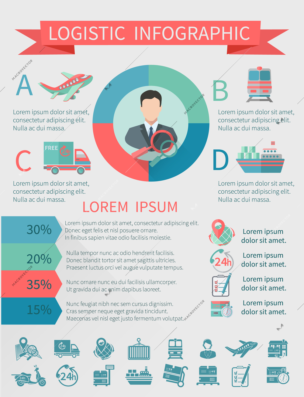 Logistic chain cargo shipping infographics set with airplane train bike isolated vector illustration