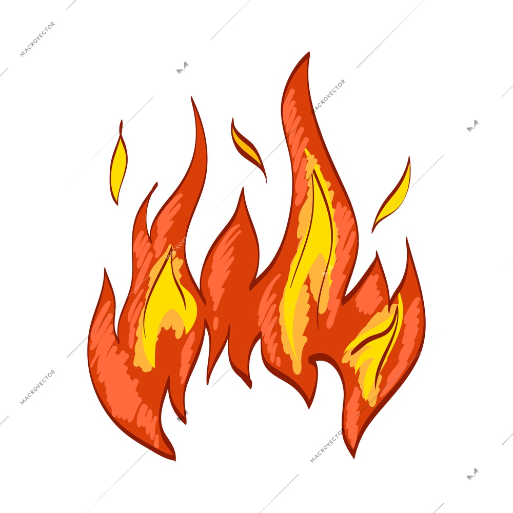 Fire composition with isolated sketch style icon of burning flame colored in red and yelow vector illustration