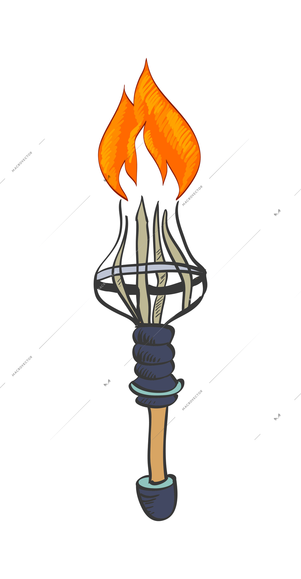 Torch composition with isolated sketch style icon of burning flame with ornate handle vector illustration