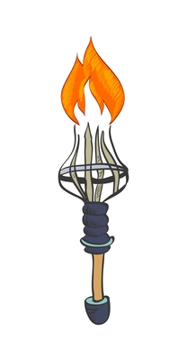 Torch composition with isolated sketch style icon of burning flame with ornate handle vector illustration