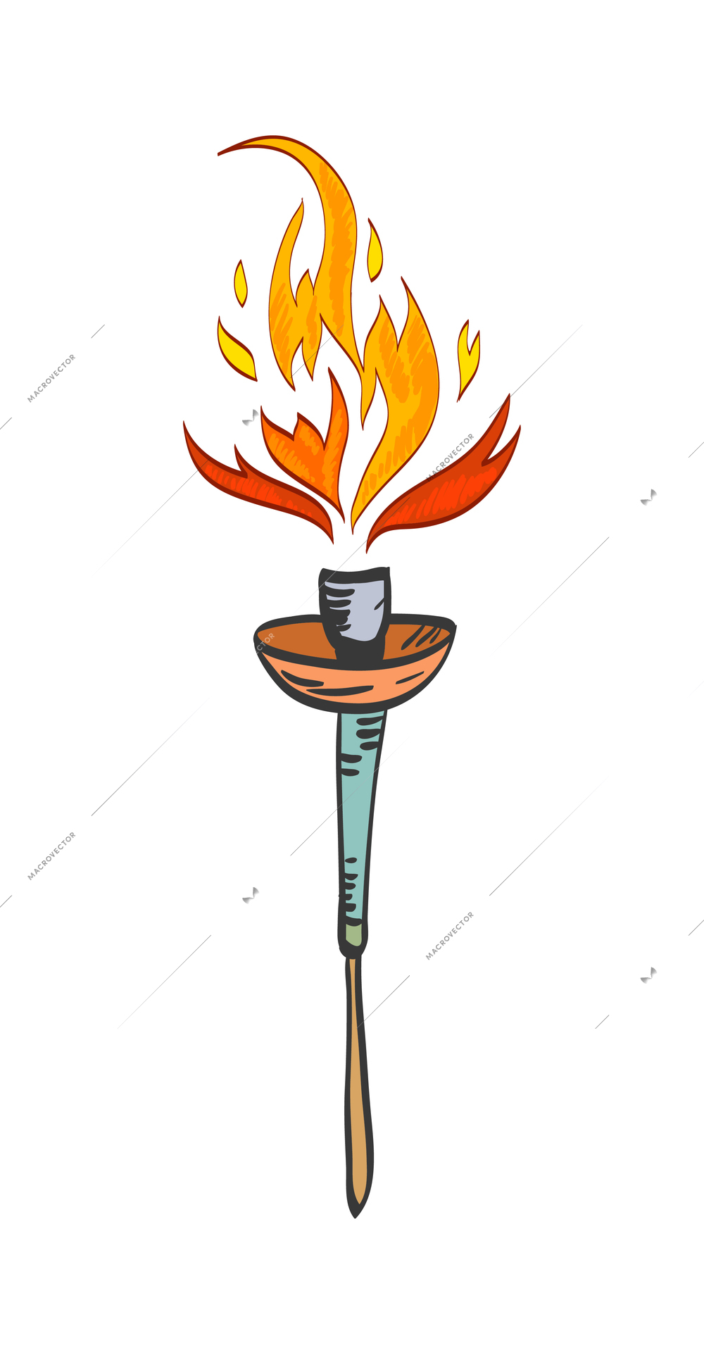 Torch composition with isolated sketch style icon of burning flame with ornate handle vector illustration