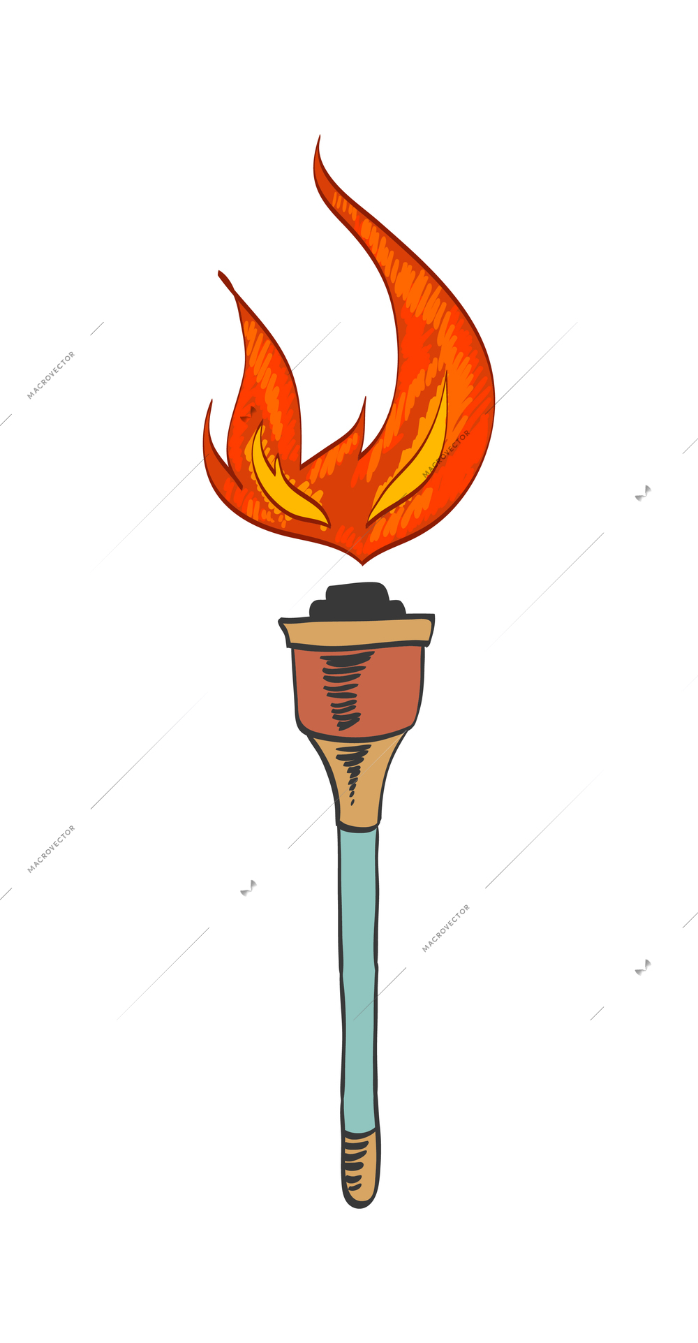 Torch composition with isolated sketch style icon of burning flame with ornate handle vector illustration