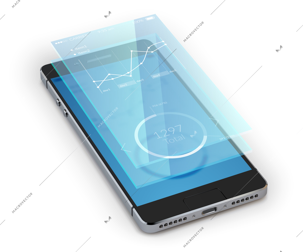 Realistic smartphone with 3d screen ui isolated on white background vector illustration