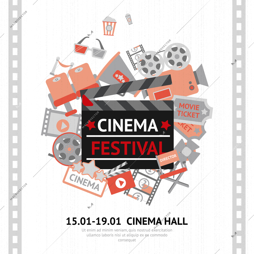 Cinema festival poster with filmmaking business and entertainment equipment vector illustration