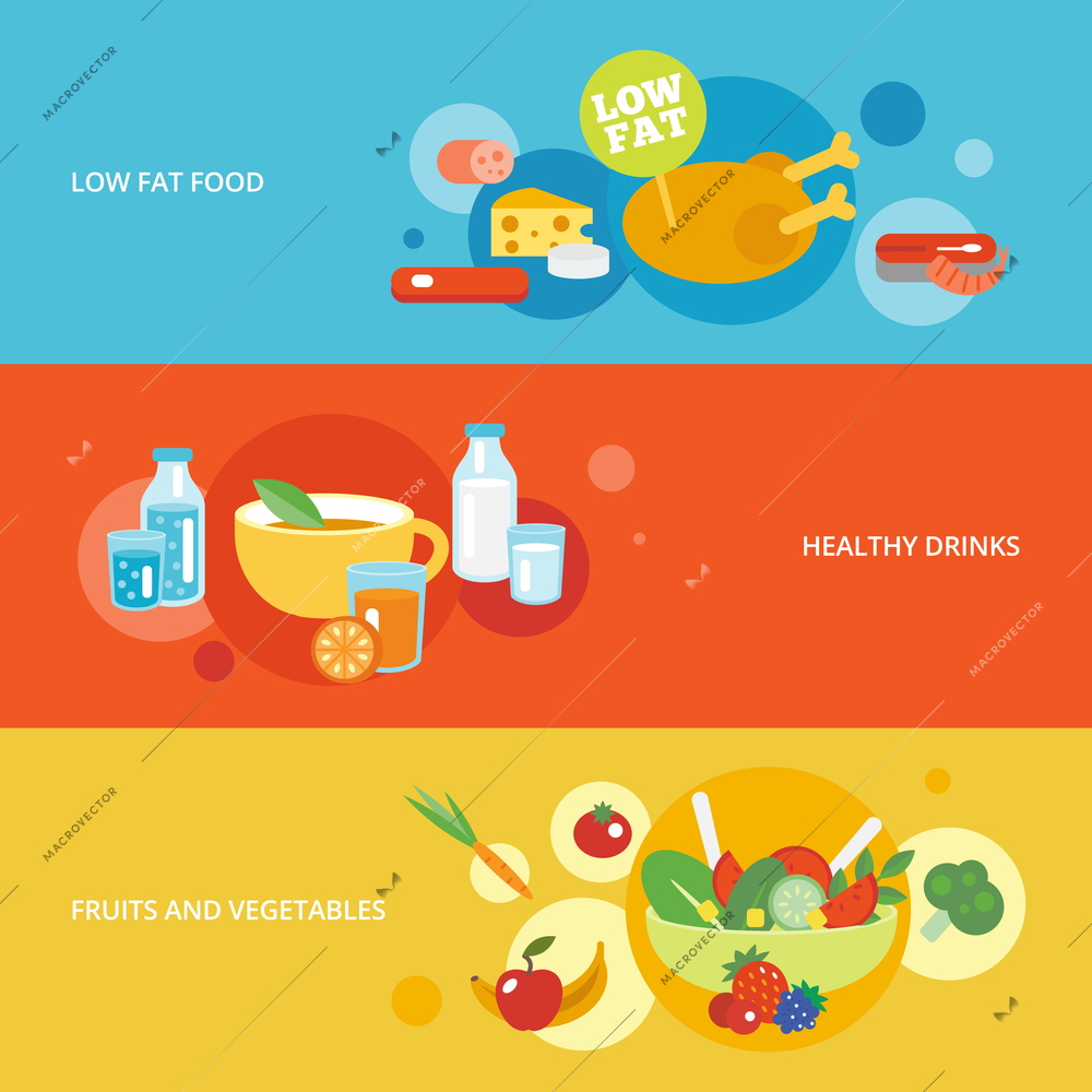 Healthy eating flat banner set with fruits and vegetables drinks low fat food isolated vector illustration