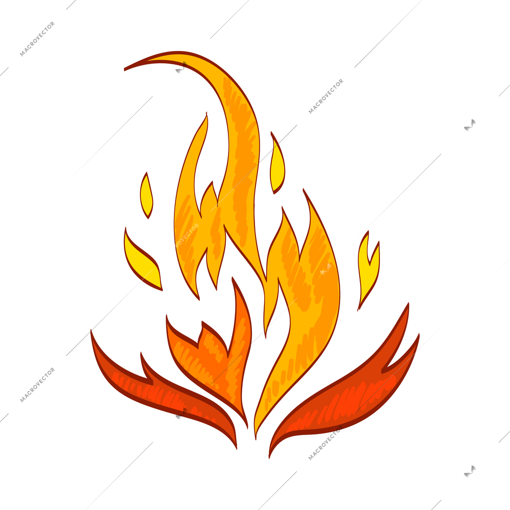 Fire composition with isolated sketch style icon of burning flame colored in red and yelow vector illustration