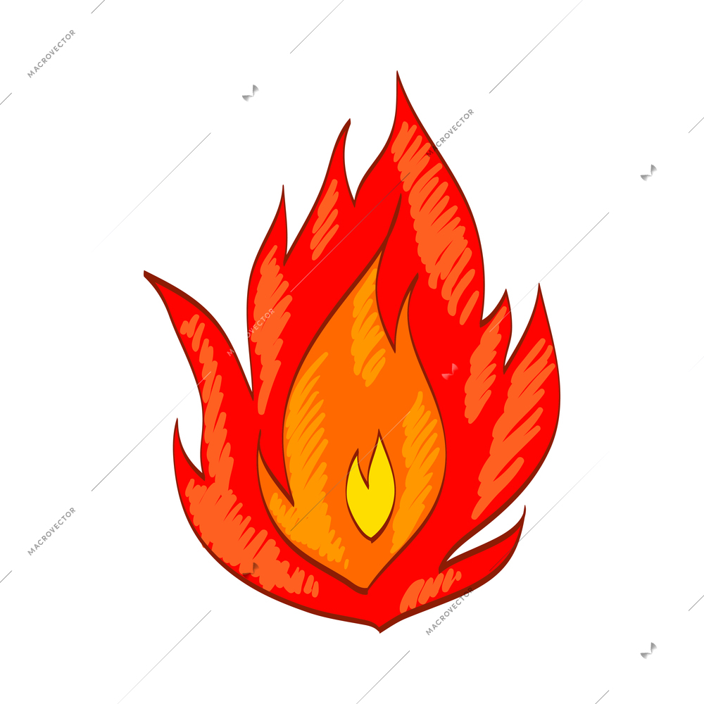 Fire composition with isolated sketch style icon of burning flame colored in red and yelow vector illustration