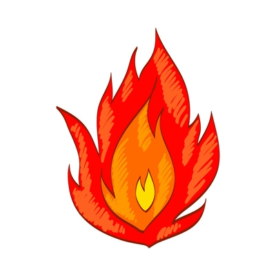 Fire composition with isolated sketch style icon of burning flame colored in red and yelow vector illustration