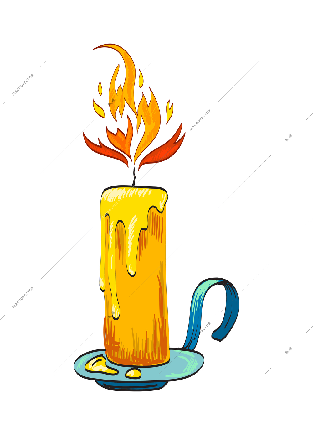 Candle composition with isolated sketch style icon of burning wax flame on blank background vector illustration