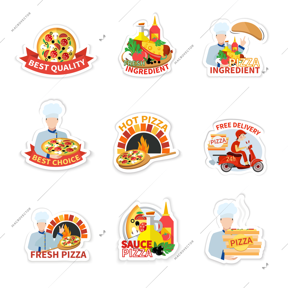 Pizza fresh ingredients best quality free delivery label set isolated vector illustration