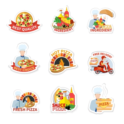 Pizza fresh ingredients best quality free delivery label set isolated vector illustration